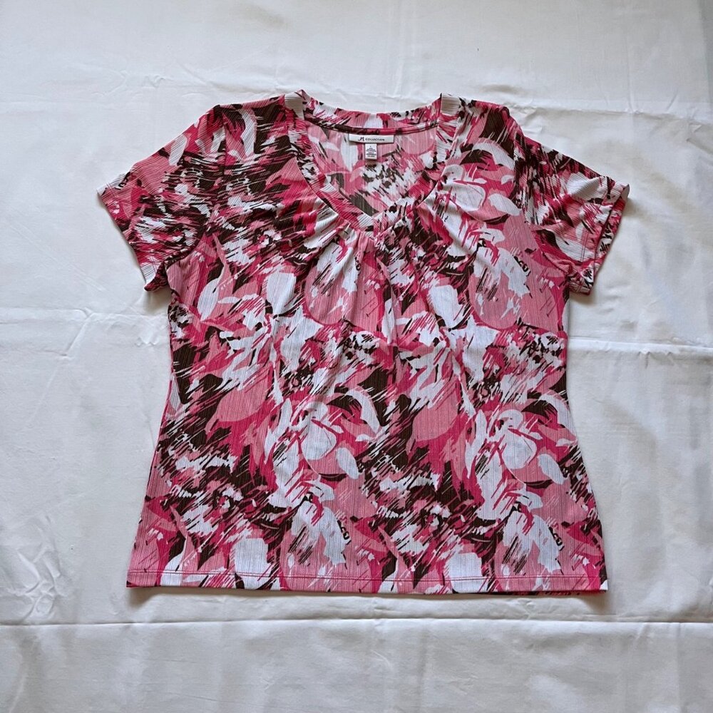 JM Collection Modern Grandma Beach Short Sleeve Pull On Top, Sz L, White/Coral